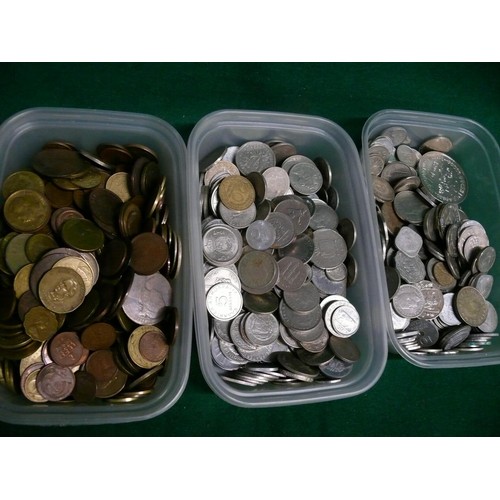 42 - 3 PLASTIC TUBS OF FOREIGN COINS A LARGE 
QUANTITY