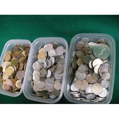 42 - 3 PLASTIC TUBS OF FOREIGN COINS A LARGE 
QUANTITY