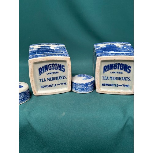 195 - Good pair of early vintage Ringtons Blue & White Willow Pattern Tea Merchant Caddies or Jars with li... 