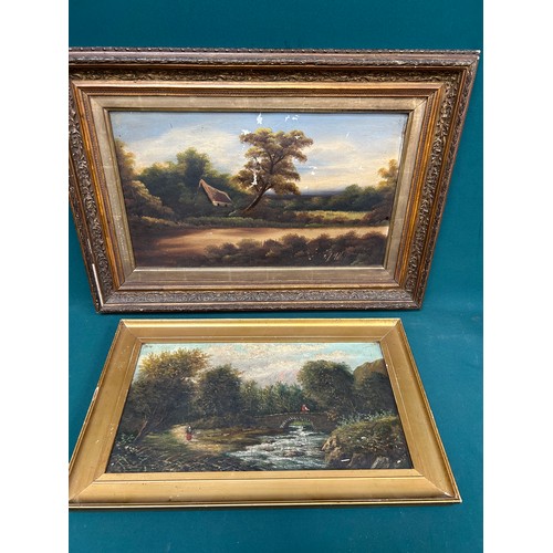 160 - A 19th Century Oil Painting on canvas of a river scene with a figure on a bridge. Inscribed in penci... 