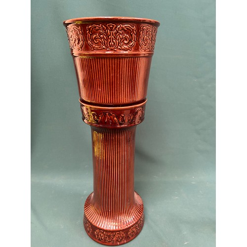 479 - A Mid Century West German Jardiniere on a stand in chocolate colour - reeded design with scroll bord... 