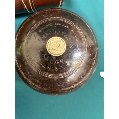 187 - A good pair of early 20th Century Jaques & Son London Lignum Vitae lawn bowls in original leather ba... 