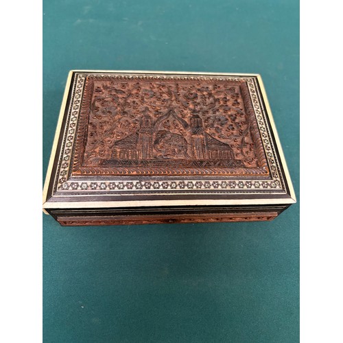 328 - Early 20th Century Indian carved wood box with bone inlay. Probably the original key although the lo... 