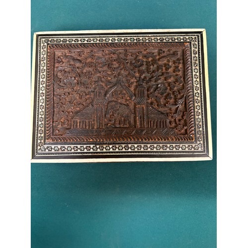 328 - Early 20th Century Indian carved wood box with bone inlay. Probably the original key although the lo... 