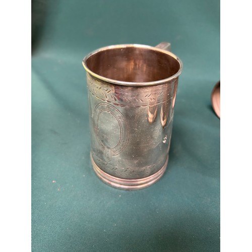 295 - Five silver plated spirit flasks, two silver plated tankards and two pewter tankards