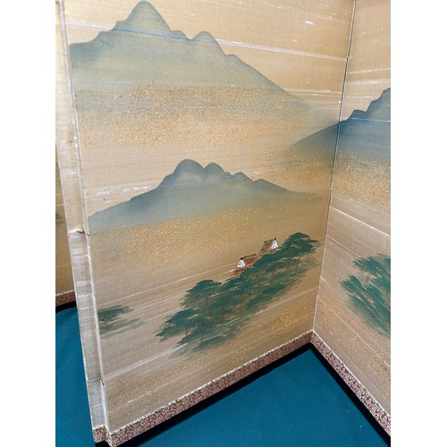 255 - Decorative oriental four panel table screen handpainted with a mountain landscape