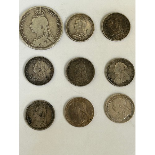 88 - Queen Victoria silver coins including 1889 Florin, 1887 Sixpence x2, 1887 Sixpence shield & garter, ... 