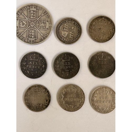 88 - Queen Victoria silver coins including 1889 Florin, 1887 Sixpence x2, 1887 Sixpence shield & garter, ... 