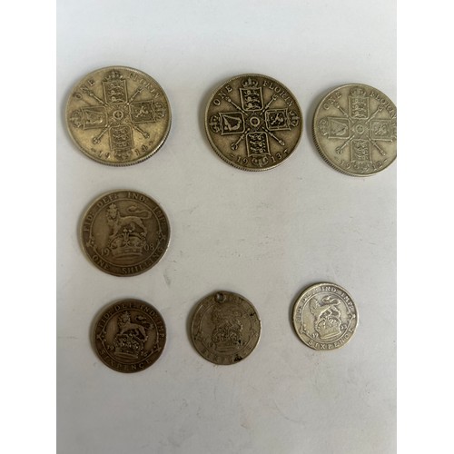 90 - Edward VII & George V silver coins inc 3 x Florins 1912. 13, 14, Edward VII shilling 1908, 3 x Sixpe... 