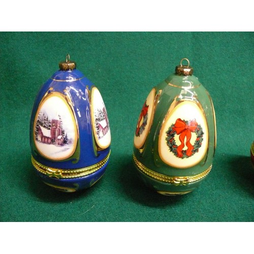 78 - 4 X  ENAMEL HINGED CHRISTMAS THEMED DECORATIVE EGG TRINKET POTS