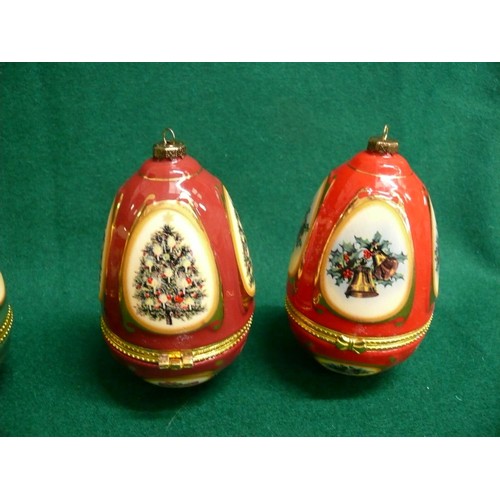 78 - 4 X  ENAMEL HINGED CHRISTMAS THEMED DECORATIVE EGG TRINKET POTS