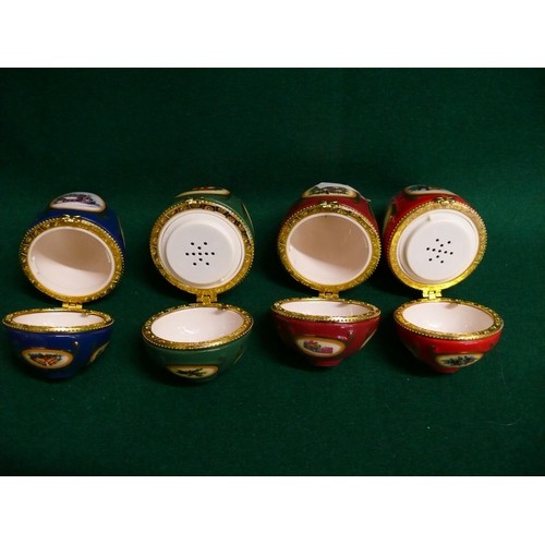 78 - 4 X  ENAMEL HINGED CHRISTMAS THEMED DECORATIVE EGG TRINKET POTS