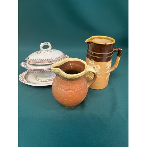 217 - Antique ceramics to include a Royal Doulton relief moulded stoneware jug, a small terracotta and sli... 