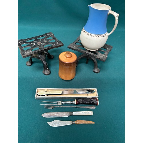 292 - Mixed Antique & Vintage lot to include 2 adjustable trivets one by Spong, a Victorian jug, a treen c... 