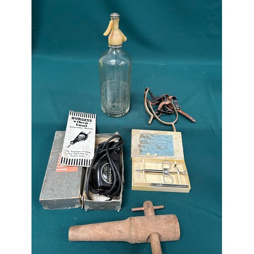 408 - Vintage job lot from a Lincolnshire Farm, to include a Schweppes Soda Syphon, a wooden barrel tap, 