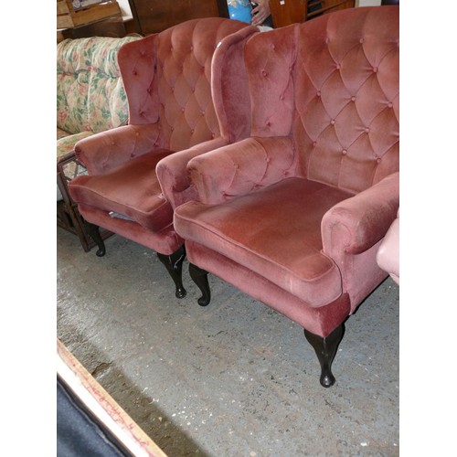 449 - A PAIR OF PINK VELVET BUTTON BACK ARMCHAIRS