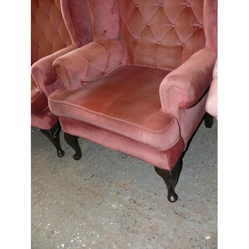 449 - A PAIR OF PINK VELVET BUTTON BACK ARMCHAIRS