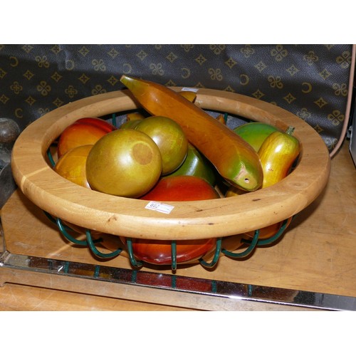 52 - LARGE WOODEN FRUIT BOWL FULL OF DECORATIVE WOODEN FRUIT