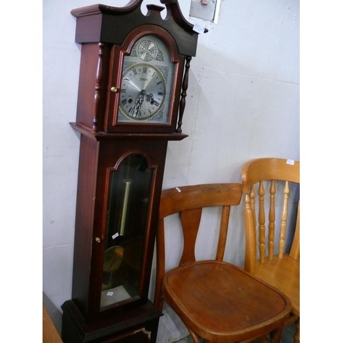 481 - A WOODEN CASED GRANDAUGHTER CLOCK WITH PENDULUM AND WEIGHTS