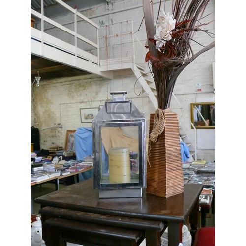 524 - LARGE STAINLESS LANTERN WITH PILLAR CANDLE AND A WOODEN VASE WITH FAUX FLOWERS