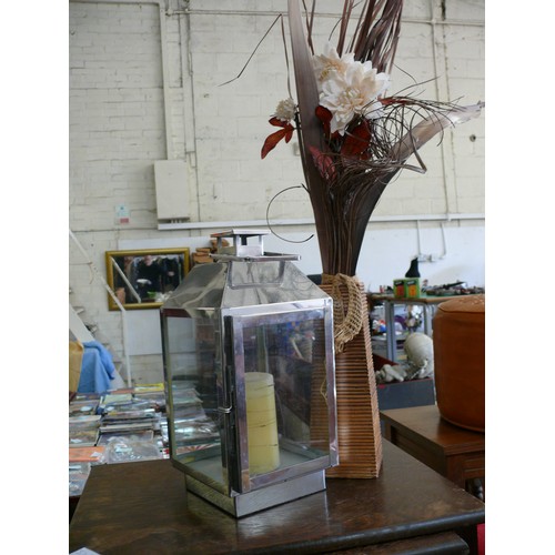 524 - LARGE STAINLESS LANTERN WITH PILLAR CANDLE AND A WOODEN VASE WITH FAUX FLOWERS