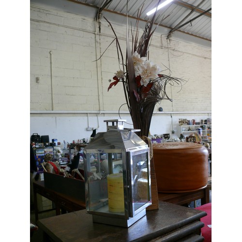 524 - LARGE STAINLESS LANTERN WITH PILLAR CANDLE AND A WOODEN VASE WITH FAUX FLOWERS