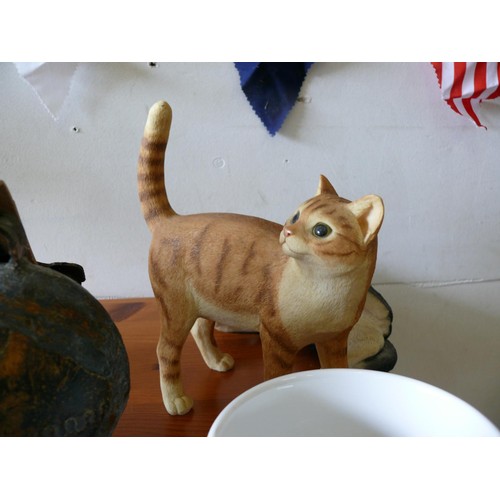 494 - LARGE COLLECTION OF MIXED COLLECTABLES TO INCLUDE LARGE COW BELL, CAT ORNAMENTS, CRYSTAL DECANTER, R... 