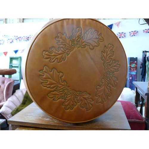 63 - VERY NICE RETRO TAN POUFFE WITH LEAF IMPRINT