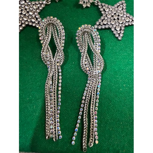 34 - TWO PAIRS OF LARGE MODERN STYLE EARRINGS, DIAMANTE STARS AND KNOT DESIGN WITH IRIDESCENT STONES