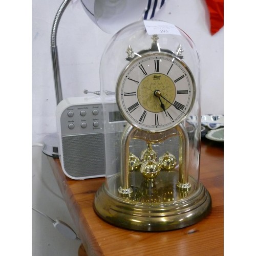 495 - GERMAN MANTLE CLOCK IN GLASS DOME