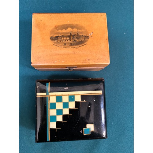 119 - Victorian Mauchline ware box souvenir of The National Art Treasures Exhibition, Folkestone and an un... 