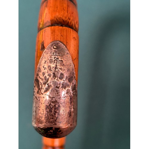 323 - A Victorian carved bamboo walking stick with silver tip to handle, London hallmark