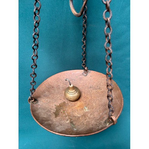 352 - An unusual antique steelyard balance with brass graduated measurement rod, brass weight, copper pan ... 