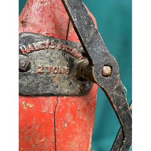 389 - Two interesting 19th Century jacks including a Haley's Patent 2 ton cart jack in wood and iron with ... 