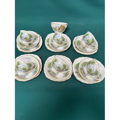 445 - Colclough Country Scene teaset - 18 pieces & a similar design sugar bowl (some pieces marked Royal V... 