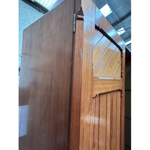 484 - Victorian pitch pine wardrobe with gothic detail in the panelling - drawer in one section. See previ... 