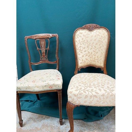 425 - Two Edwardian side chairs one with inlaid back, the other upholstered back with carved top rail, pro... 