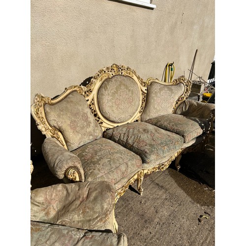 421 - Vintage mid century Italian baroque style three seater sofa and two marching armchairs - Hand carved... 