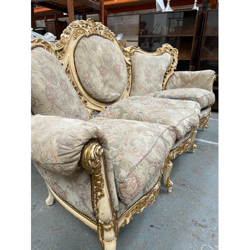 421 - Vintage mid century Italian baroque style three seater sofa and two marching armchairs - Hand carved... 