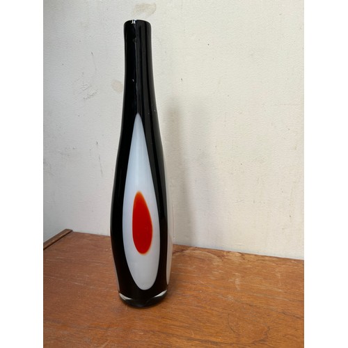 169B - A Murano glass bottle shaped vase, deep aubergine colour with white & red tear drop design. 36cm h