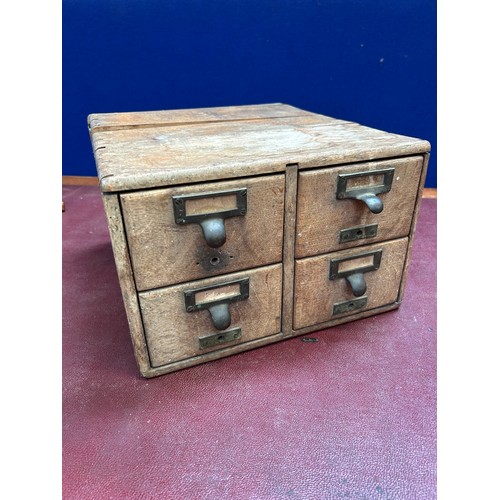 417 - Vintage bank of four file card oak drawers with brass handles