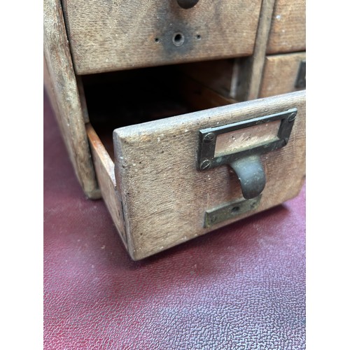 417 - Vintage bank of four file card oak drawers with brass handles