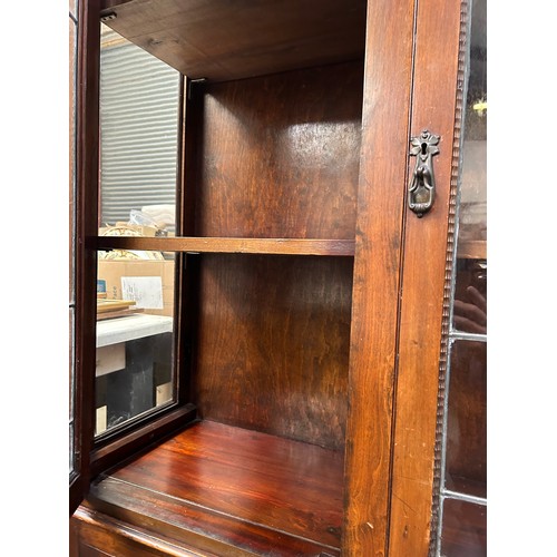 506 - Edwardian Mahogany bookcase cabinet with leaded glass doors - stencilled decoration to bottom doors.