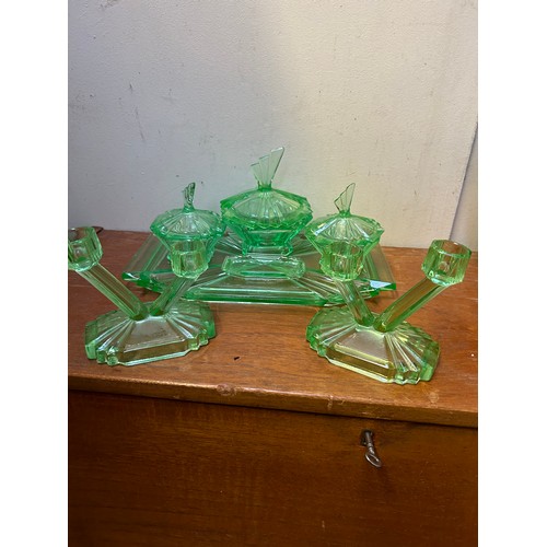 17 - A good Art Deco green uranium glass dressing table set consisting of 6 pieces - by Bagley & Co West ... 