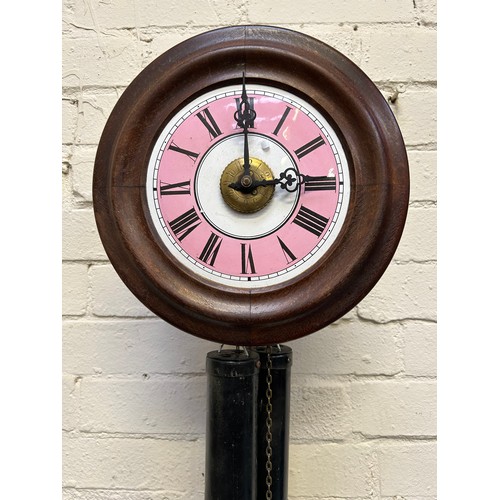 272 - 19th Century Postman's Alarm Clock by T Lovejoy, Wimbledon - pink enamel face with weights and chain... 