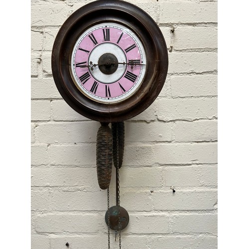 273 - 19th Century Postman's Alarm Clock by T Lovejoy, Wimbledon - pink enamel face with weights, chains, ... 