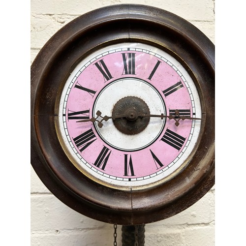 273 - 19th Century Postman's Alarm Clock by T Lovejoy, Wimbledon - pink enamel face with weights, chains, ... 