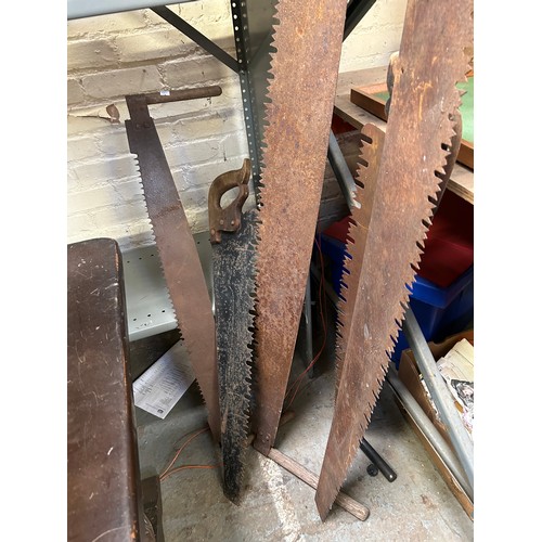 371 - 5 antique saws including two man crosscut saw and pit saws