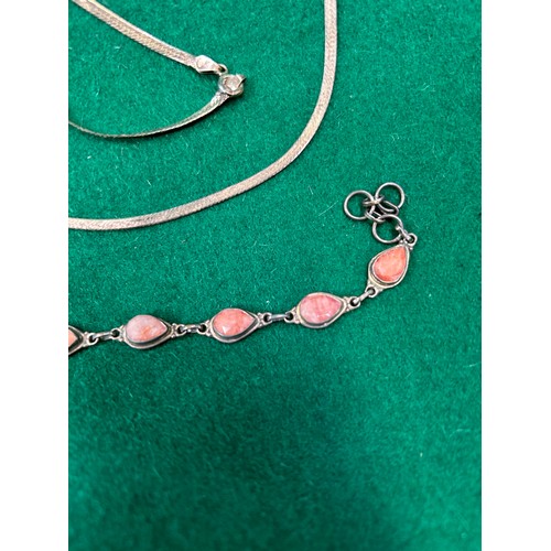 52A - Sterling silver bracelet set with rose quartz stones and a sterling silver flat link necklace and ma... 