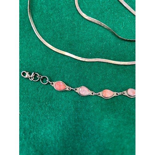 52A - Sterling silver bracelet set with rose quartz stones and a sterling silver flat link necklace and ma... 